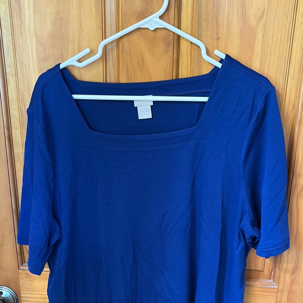 Chico's Blue (and white) Fitted Blouse with Elbow-Length Sleeves